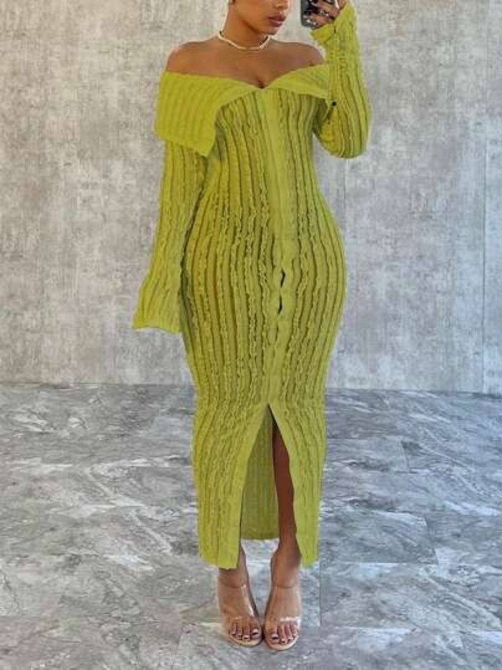 Off-Shoulder Cable Knit Midi Dress in Chartreuse (XL)